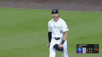 Jake Cave reacts to home run by Teoscar Hernandez